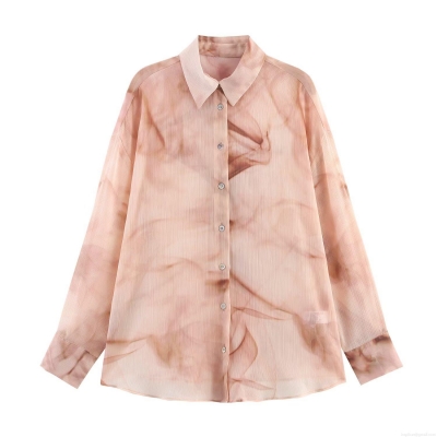 Women's Long Sleeve Button Down Shirt Chiffon Marble Print Blouse Casual Lapel Top Fashion Tie-Dye Smock for Daily Work Streetwear Women Clothing