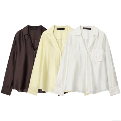 Women Long Sleeve Satin Silk Like Shirt Blouse Embroidery Pocket Button Down Solid Color Casual Office Top Elegant Fashion Ladies Blouses