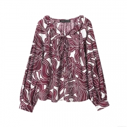 Women Fashion Abstract Leaf Floral Print Blouse Long Sleeve V Neck With Ties Loose Casual Polyester Shirt For Daily Vacation