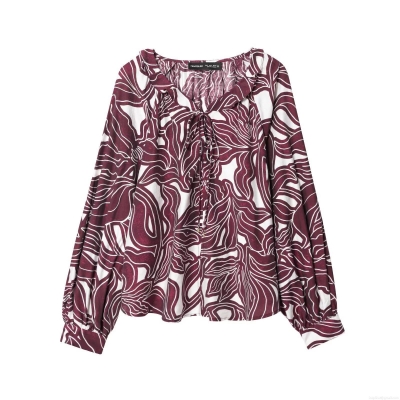 Women Fashion Abstract Leaf Floral Print Blouse Long Sleeve V Neck With Ties Loose Casual Polyester Shirt For Daily Vacation