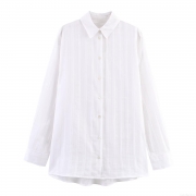 Women's Vertical Striped Long Sleeve Shirt Elegant Lapel Button Down Blouse Casual Loose Polyester Office Work Tops For Ladies White