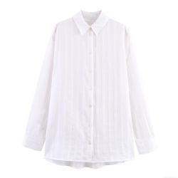 Women's Vertical Striped Long Sleeve Shirt Elegant Lapel Button Down Blouse Casual Loose Polyester Office Work Tops For Ladies White