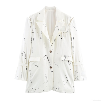 Women's Elegant Splash Ink Print Polyester Blazer Notch Lapel Long Sleeve Casual Artistic Suit Jacket For Women Party Office Outerwear
