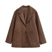 Women's Fashion Suede Blazer Jacket Solid Color Lapel Long Sleeve Casual Outerwear Coat With Pockets For Spring Autumn