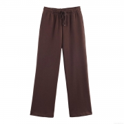 Women's High Waist Wide Leg Pants Cotton Blend Drawstring Elastic Waist Casual Straight Trousers For Daily Streetwear Fall Winter