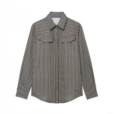 Women's Stripe Long Sleeve Button Down Shirt Polyester Poplin Blouse With Double Pockets Casual Office Work Regular Fit Tops