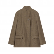 Women's Elegant Herringbone Blazer Vintage Brown Tweed Long Sleeve One Button Office Jacket With Pockets Classic Outwear
