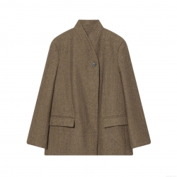Women's Elegant Herringbone Blazer Vintage Brown Tweed Long Sleeve One Button Office Jacket With Pockets Classic Outwear