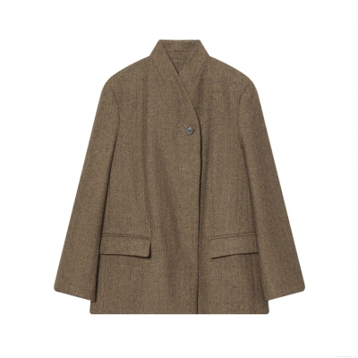 Women's Elegant Herringbone Blazer Vintage Brown Tweed Long Sleeve One Button Office Jacket With Pockets Classic Outwear