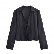Elegant Women's Black Faux Suede Blouse Long Sleeve Tie-up Bow Front Slim Fit Top For Casual Party Dating