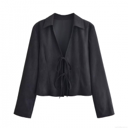 Elegant Women's Black Faux Suede Blouse Long Sleeve Tie-up Bow Front Slim Fit Top For Casual Party Dating