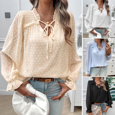 Women's Elegant Swiss Dot Chiffon Blouse V Neck Long Sleeve Ruffle Tie Front Jacquard Shirt Casual Solid Color Office Tops For Women Fall Clothes