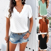 Women Casual V Neck Flutter Sleeve Top Elegant 100% Polyester Swiss Dot Blouse Loose Fit Short Sleeve Summer Shirt For Ladies