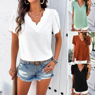 Women Casual V Neck Flutter Sleeve Top Elegant 100% Polyester Swiss Dot Blouse Loose Fit Short Sleeve Summer Shirt For Ladies