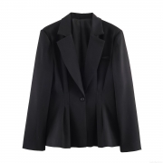 Women's Elegant Solid Color Blazer Jacket Ruffle Hem Slim Fit Lapel Long Sleeve Professional Suit Coat For Office Career Lady Work Outerwear