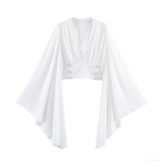 Elegant French Women V Neck Cropped Blouse Flare Long Sleeve Top With Pearl Button Decoration Pleated Chiffon Texture Polyester Shirt For Daily Dating