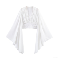 Elegant French Women V Neck Cropped Blouse Flare Long Sleeve Top With Pearl Button Decoration Pleated Chiffon Texture Polyester Shirt For Daily Dating