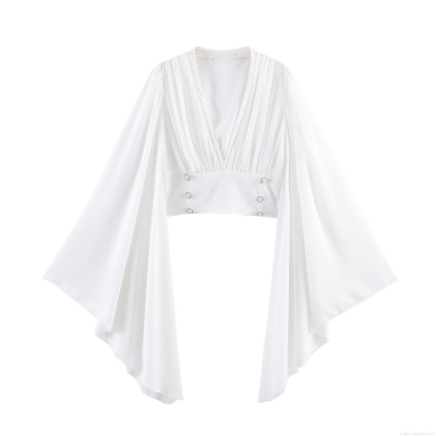 Elegant French Women V Neck Cropped Blouse Flare Long Sleeve Top With Pearl Button Decoration Pleated Chiffon Texture Polyester Shirt For Daily Dating
