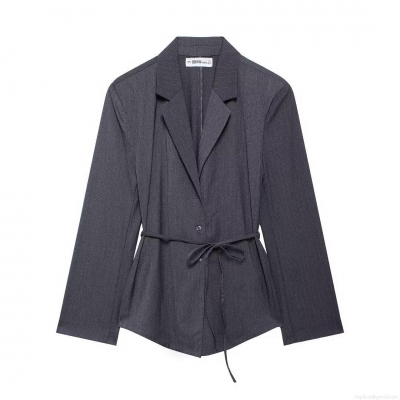 Women's Grey Pinstripe Blazer Jacket With Waist Belt Professional Office Commuter Suit Notched Lapel Single Breasted Long Sleeve Outerwear Coat