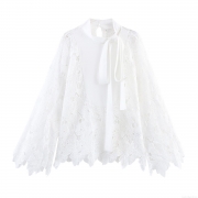 Women White Elegant Lace Blouse Long Sleeve Stand Collar Bow Tie Shirt Floral Hollow Out Mesh Tops For Office Lady Commuter Sweet Style