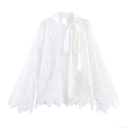 Women White Elegant Lace Blouse Long Sleeve Stand Collar Bow Tie Shirt Floral Hollow Out Mesh Tops For Office Lady Commuter Sweet Style