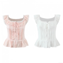 Women's Lace Splicing Square Neck Peplum Top Sweet Lolita Style Short Sleeve Blouse With Bow Tie Button Front Polyester Dot Pattern Shirt For Women Daily Party Summer Spring