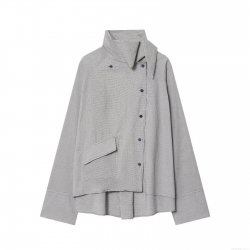 Women's Casual Plaid Button Up Shirt Asymmetrical High Neck Loose Houndstooth Long Sleeve Blouse With Flap Pocket Streetwear Autumn Tops