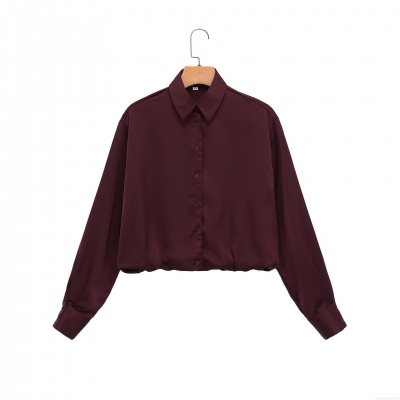 Women's Long Sleeve Satin Shirt Wine Red Cropped Button Up Blouse Casual Street Style Fashion Tops Elegant Solid Color Shirt for Women