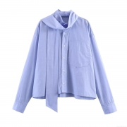 Women European Style Fashion Loose Bow Tie Scarf Blouse Polyester Cotton Poplin Long Sleeve Stand Collar Single Breasted Shirt Top With Pocket