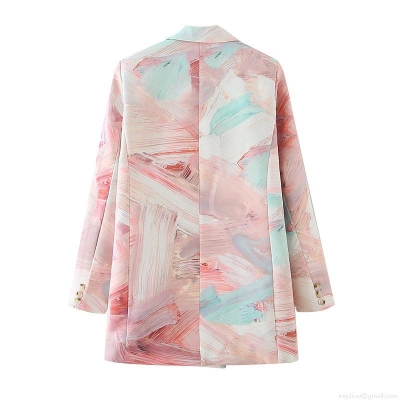 Women's Abstract Oil Painting Print Blazer Double Breasted Lapel Suit Jacket Polyester Cotton Blend Long Sleeve Fashion Streetwear Outwear