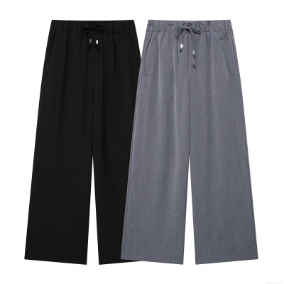 Women's Casual High Waist Wide Leg Trousers Solid Color Polyester Drawstring Elastic Waist Straight Pants For Summer Streetwear Daily Wear