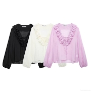 Women's Ruffle V-Neck Blouse Long Sleeve Tie Front Polyester Shirt Fashion Loose Fall Tops For Women Commuter Office Daily Wear
