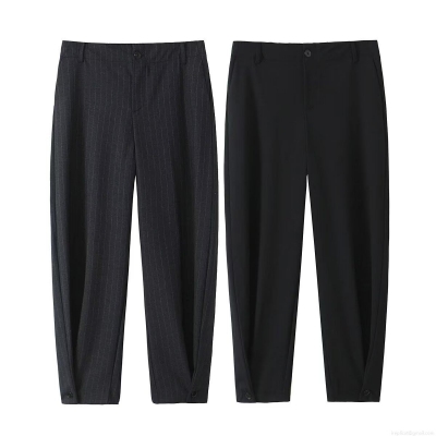 Women's Fashion High Waist Wide Leg Striped Trousers Button Hem Detail Casual Polyester Blend Loose Fit Long Pants Streetwear Bottoms