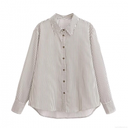 Women's Fashion Striped Long Sleeve Shirt Polyester Button Down Lapel Blouse Casual Chic Office Streetwear Spliced Top Vertical Stripes