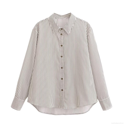 Women's Fashion Striped Long Sleeve Shirt Polyester Button Down Lapel Blouse Casual Chic Office Streetwear Spliced Top Vertical Stripes