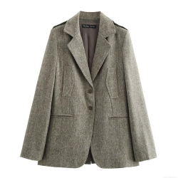 Women's Fashion Tweed Blazer Jacket Long Sleeve Notch Lapel Suit Coat with Shoulder Straps Mixed Weave Casual Outerwear for Ladies