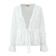 Women's Sexy V-Neck Ruffle Chiffon Blouse Long Sleeve Drawstring Waist Shirt Elegant White Streetwear Top For Ladies Spring Autumn Wear
