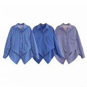 Women Striped Polyester Shirt Blouse With Batwing Sleeve Irregular Tie-Up Hem Turn-Down Collar Streetwear Long Sleeve Top For Women