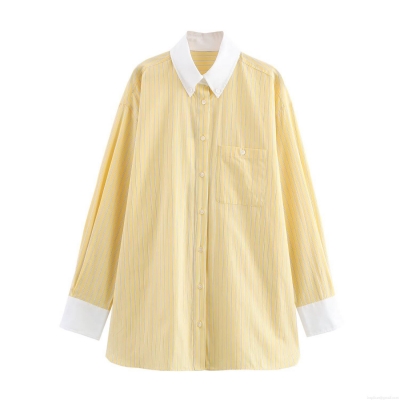 Fashion Women's Striped Long Sleeve Shirt With Contrast Collar Loose Fit Polyester Poplin Blouse Street Style Casual Summer Ladies Top With Front Pocket Single Breasted Outwear