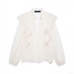 Women's V Neck Blouse Cotton Blend Polyester Chiffon Shirt With Ruffle Tiered Lace Patchwork Long Sleeve Casual Daily Streetwear Retro Style Tops