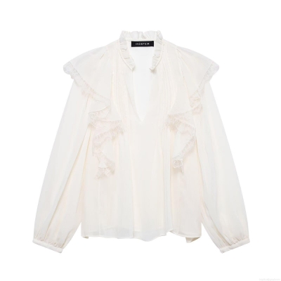 Women's V Neck Blouse Cotton Blend Polyester Chiffon Shirt With Ruffle Tiered Lace Patchwork Long Sleeve Casual Daily Streetwear Retro Style Tops