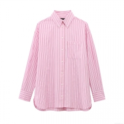 Women's Casual Striped Long Sleeve Button Down Shirt Loose Fit Lapel Blouse With Chest Pocket Pink White Stripes Fashion Top for Daily Office Work