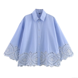 Women's Light Blue Long Sleeve Lapel Shirt With White Floral Eyelet Hollow Embroidery Cotton Blend Loose Button Down Blouse For Spring Daily Streetwear