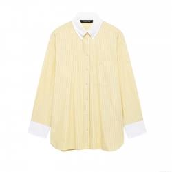 Women Striped Poplin Shirt Contrast Collar Cuffs Button Down Long Sleeve Blouse Casual Loose Daily Streetwear Fashion Tops For Women