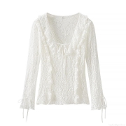 Elegant V-Neck Lace Ruffle Long Sleeve Blouse With Tie Detail White Hollow Out Flower Embroidery Shirt For Women Party Date Women's Clothing