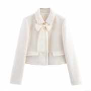 Women's Elegant Bow Decor Tweed Blazer Lapel Long Sleeve Short Jacket Casual Chic Streetwear Polyester Outerwear Coat For Spring Summer Autumn