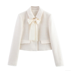 Women's Elegant Bow Decor Tweed Blazer Lapel Long Sleeve Short Jacket Casual Chic Streetwear Polyester Outerwear Coat For Spring Summer Autumn