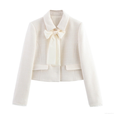 Women's Elegant Bow Decor Tweed Blazer Lapel Long Sleeve Short Jacket Casual Chic Streetwear Polyester Outerwear Coat For Spring Summer Autumn