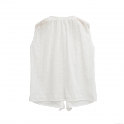 Women's White Sleeveless V-Neck Embroidery Lace Shirt Elegant Hollow Out Ruffle Tie Front Cotton Blouse Streetwear Casual Summer Top For Women