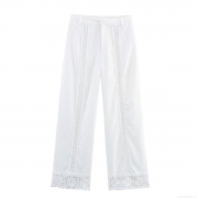 Women's White Lace Hollow Out Wide Leg Pants Bohemian Casual Patchwork Trousers With Elastic Waist For Vacation Summer Streetwear